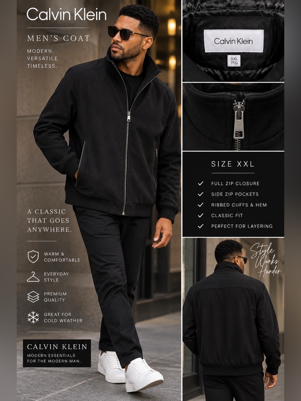 Calvin Klein Men’s Black Full-Zip Bomber Jacket size. XXL